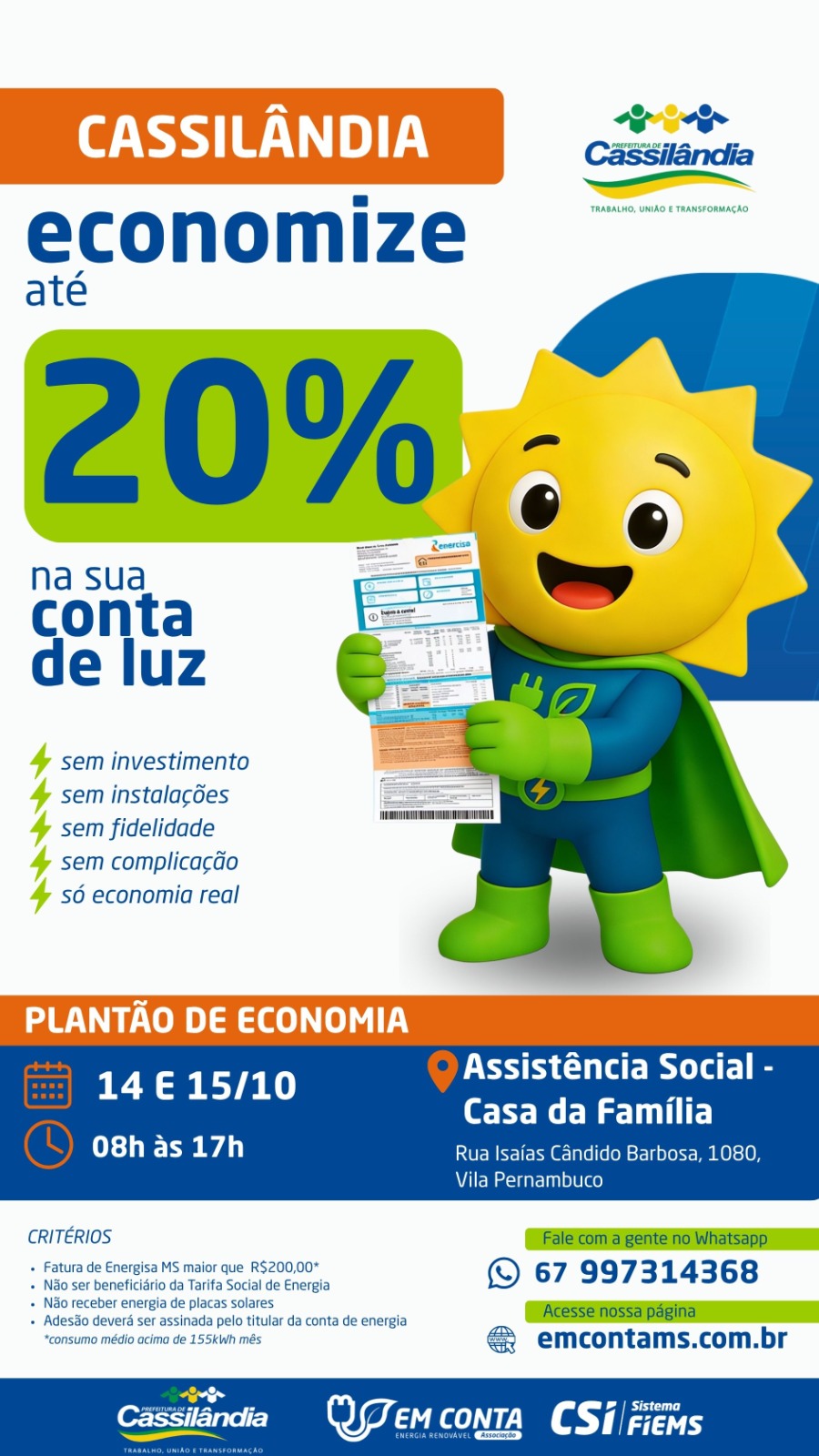 FIEMS e Em Conta Energia Renovável estão de volta a Cassilândia com programa de economia na conta de energia