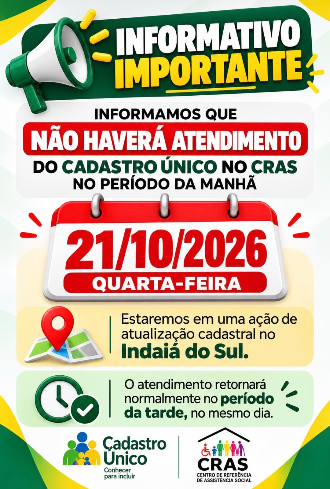 CRAS não terá atendimento do Cadastro Único no período da manhã nesta quarta-feira (21)