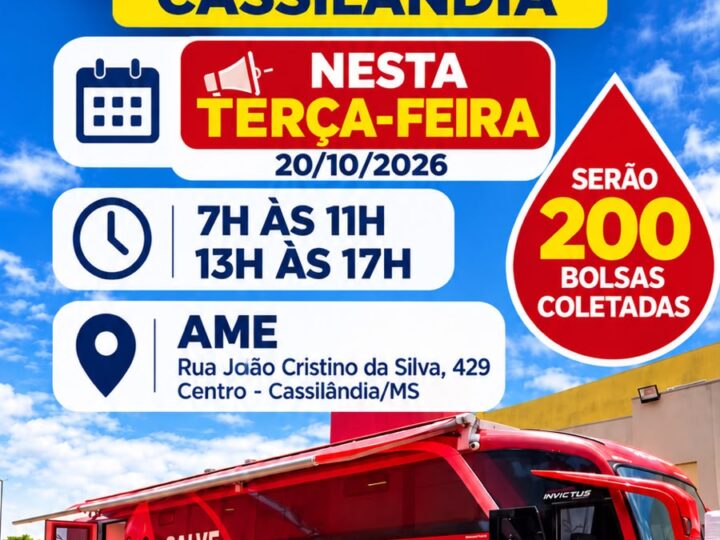 Rota Hemosul Móvel estará em Cassilândia nesta terça-feira com meta de 200 bolsas de sangue
