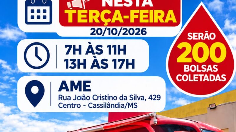 Rota Hemosul Móvel estará em Cassilândia nesta terça-feira com meta de 200 bolsas de sangue